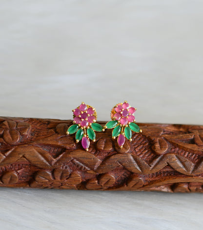 Gold tone ruby-green stone flower earrings dj-41736