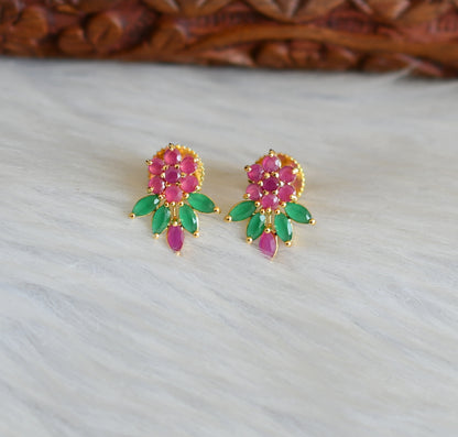 Gold tone ruby-green stone flower earrings dj-41736