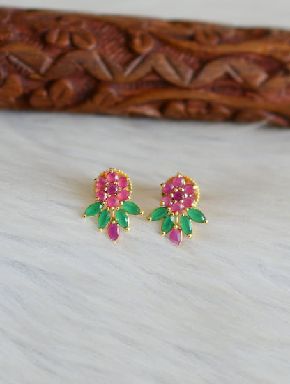 Gold tone ruby-green stone flower earrings dj-41736