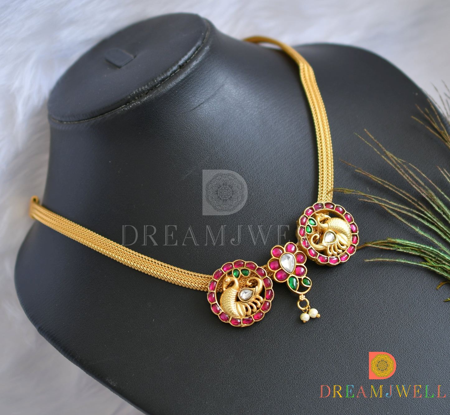 Gold tone pink-green-white kundan jadau swan-mango necklace dj-38158