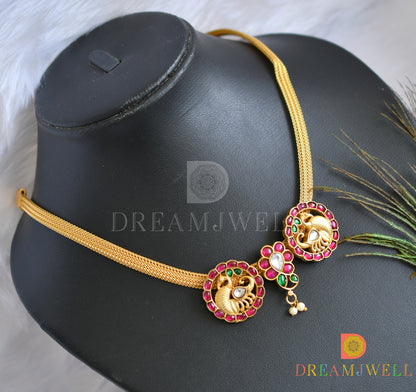 Gold tone pink-green-white kundan jadau swan-mango necklace dj-38158