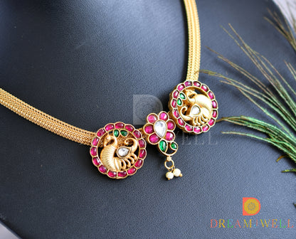 Gold tone pink-green-white kundan jadau swan-mango necklace dj-38158