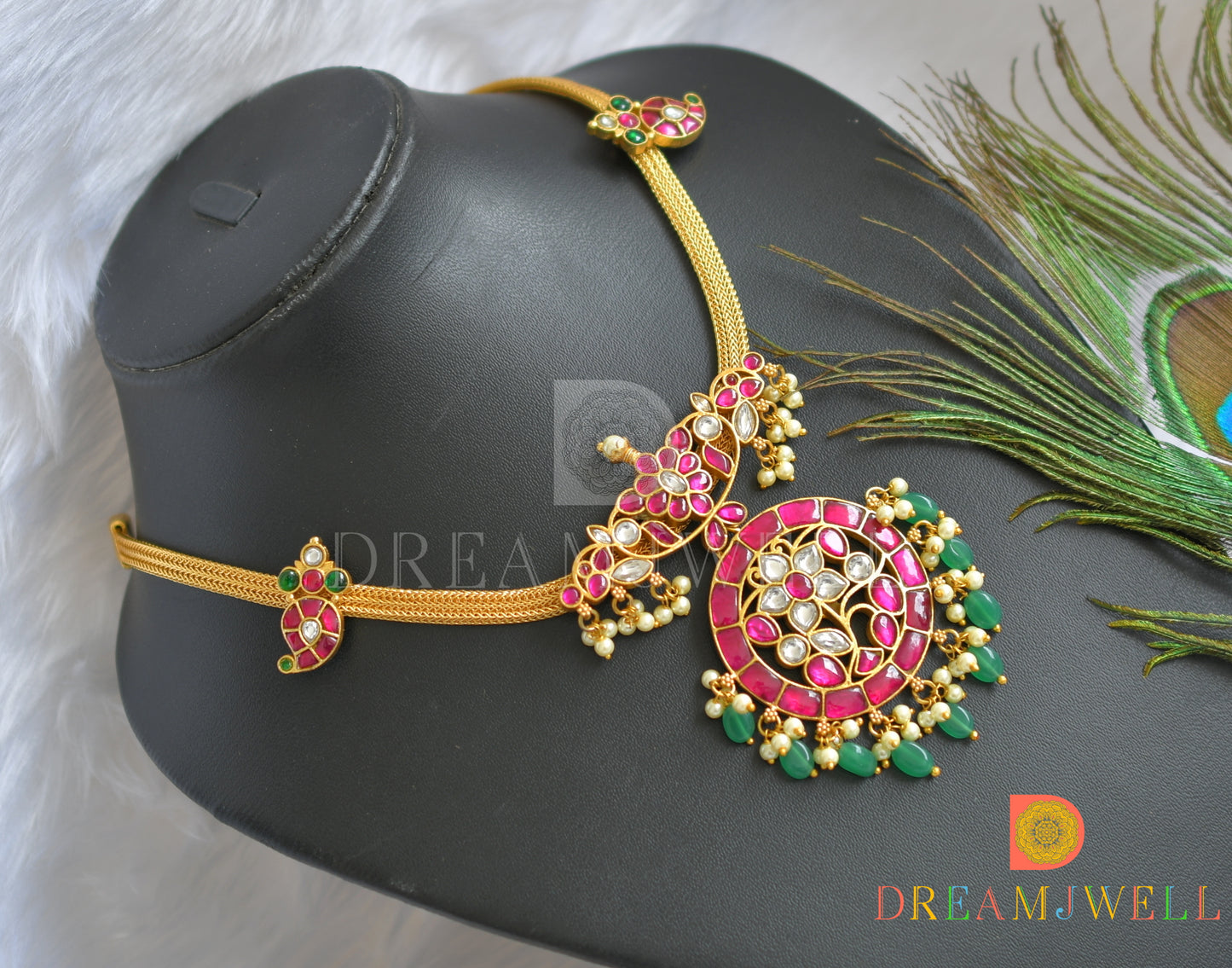 Gold tone pink-green-white kundan jadau flower necklace dj-38162