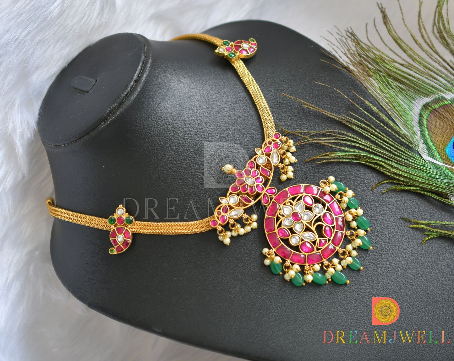 Gold tone pink-green-white kundan jadau flower necklace dj-38162