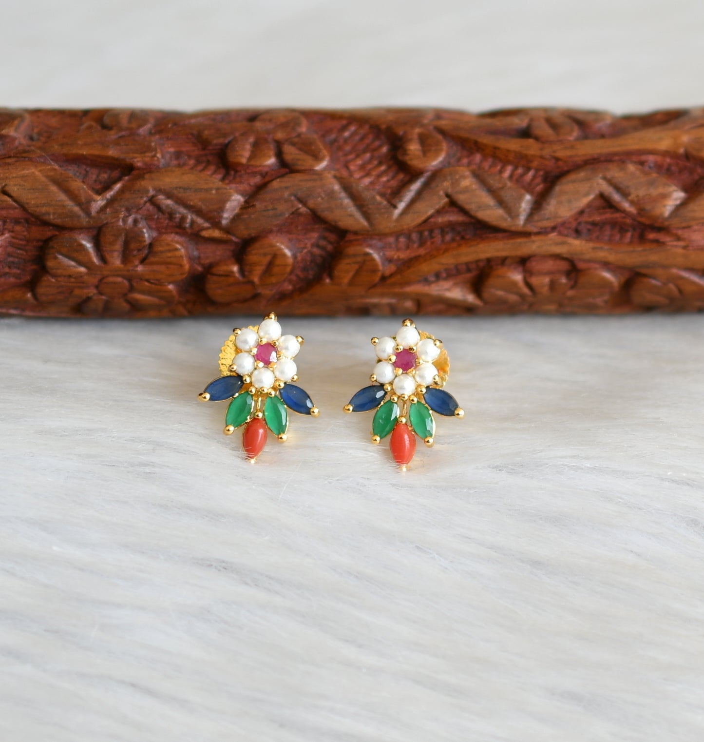 Gold tone navarathna stone flower earrings dj-41739