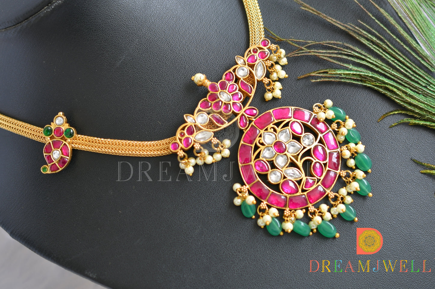 Gold tone pink-green-white kundan jadau flower necklace dj-38162