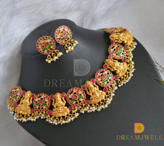 Gold tone pink-green-white kundan jadau Lakshmi-peacock necklace set dj-38167