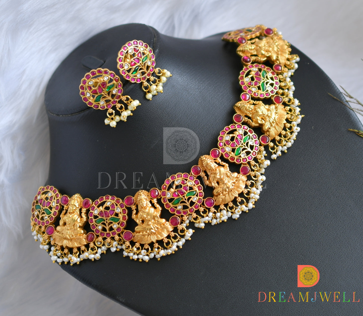 Gold tone pink-green-white kundan jadau Lakshmi-peacock necklace set dj-38167