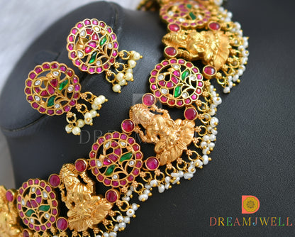 Gold tone pink-green-white kundan jadau Lakshmi-peacock necklace set dj-38167