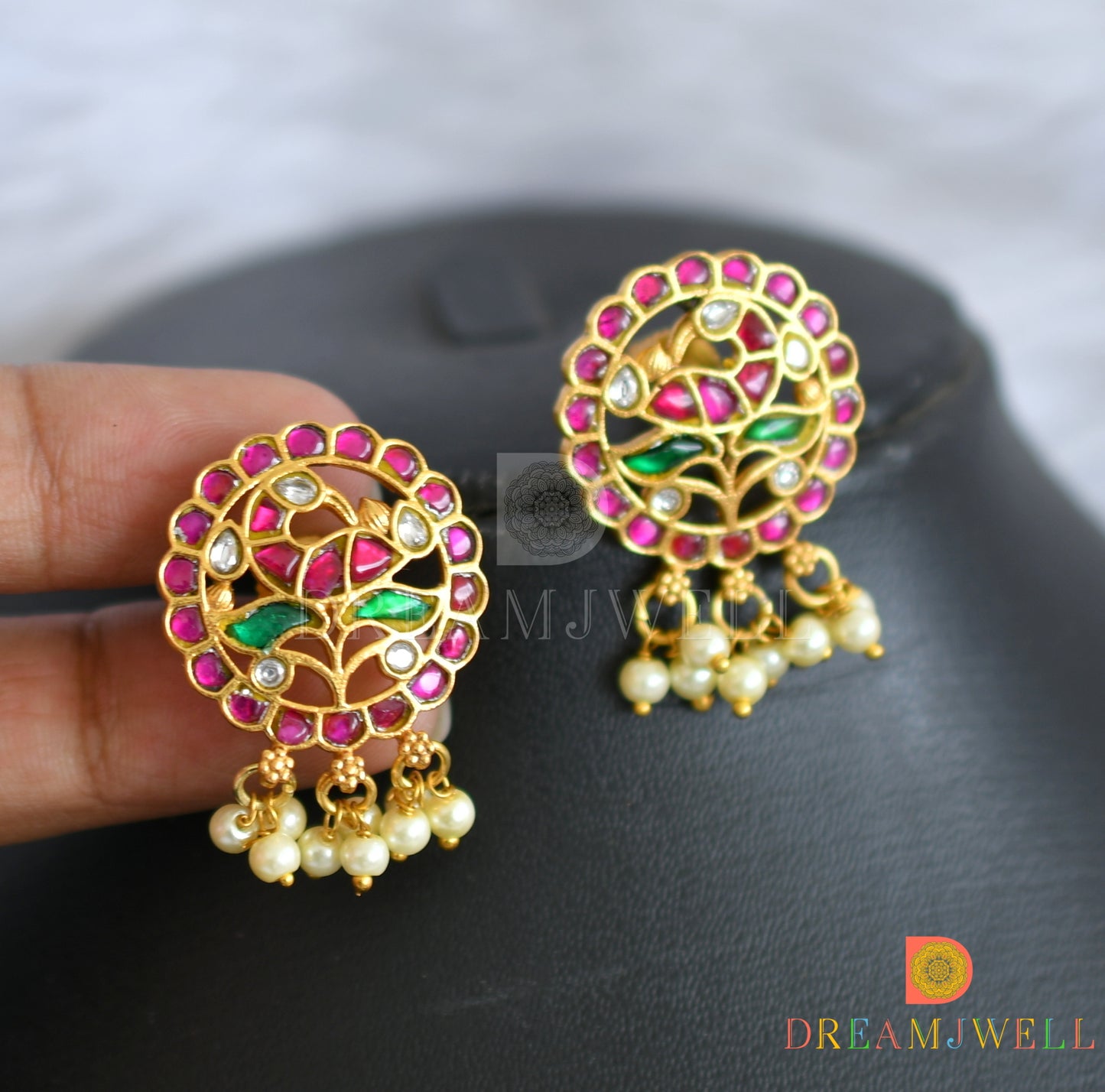 Gold tone pink-green-white kundan jadau Lakshmi-peacock necklace set dj-38167