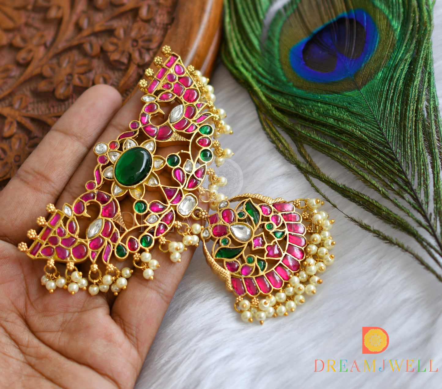 Gold tone pink-green kundan jadau pearl cluster pendant dj-38181