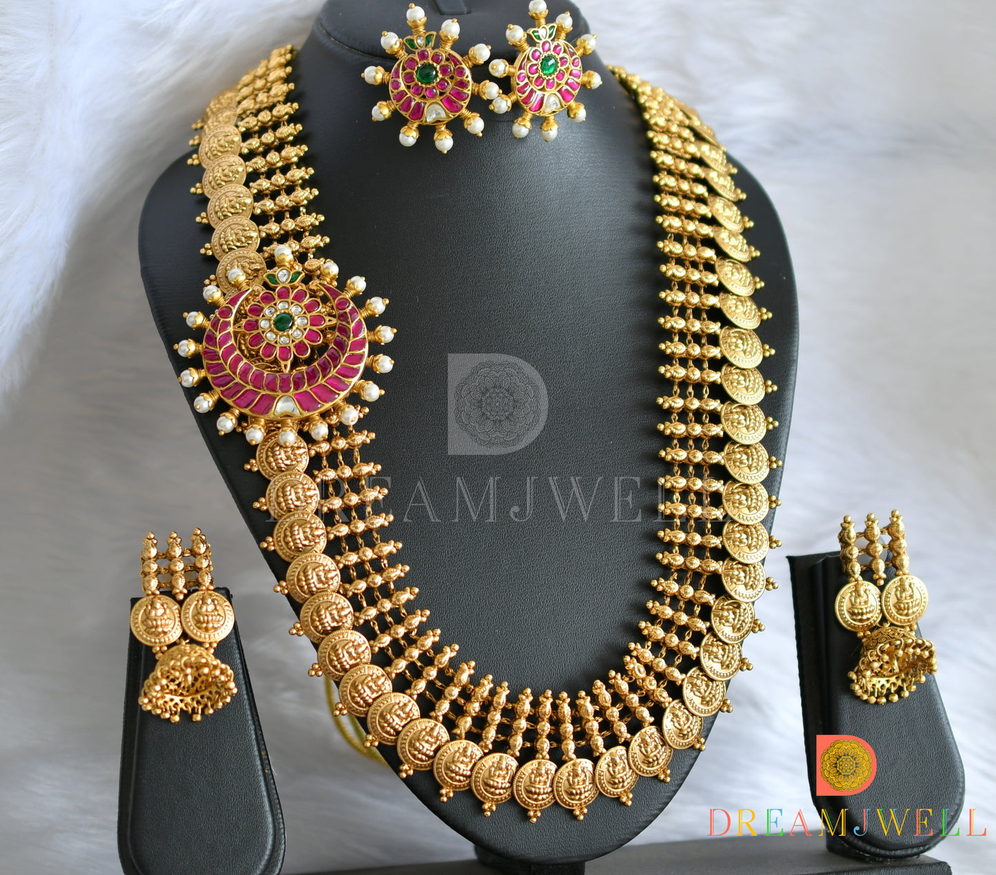 Matte finish pink-green-white kundan jadau moon mugappu Lakshmi coin short haar set dj-38173