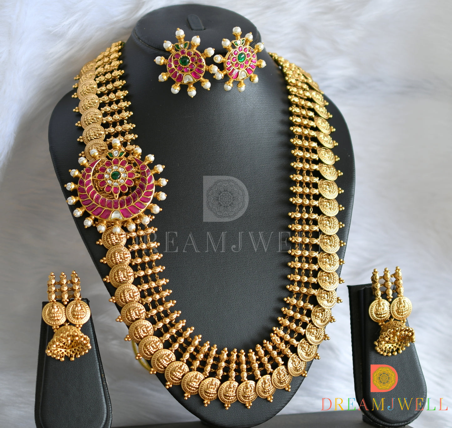 Matte finish pink-green-white kundan jadau moon mugappu Lakshmi coin short haar set dj-38173