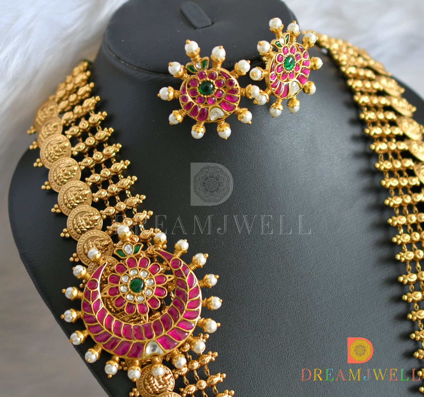 Matte finish pink-green-white kundan jadau moon mugappu Lakshmi coin short haar set dj-38173