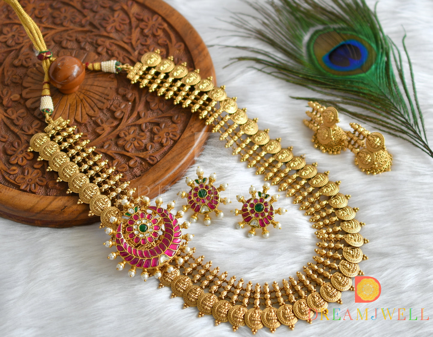 Matte finish pink-green-white kundan jadau moon mugappu Lakshmi coin short haar set dj-38173