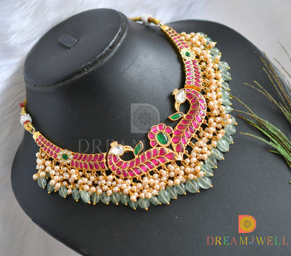 Gold tone pink-green-white kundan jadau peacock necklace dj-38153