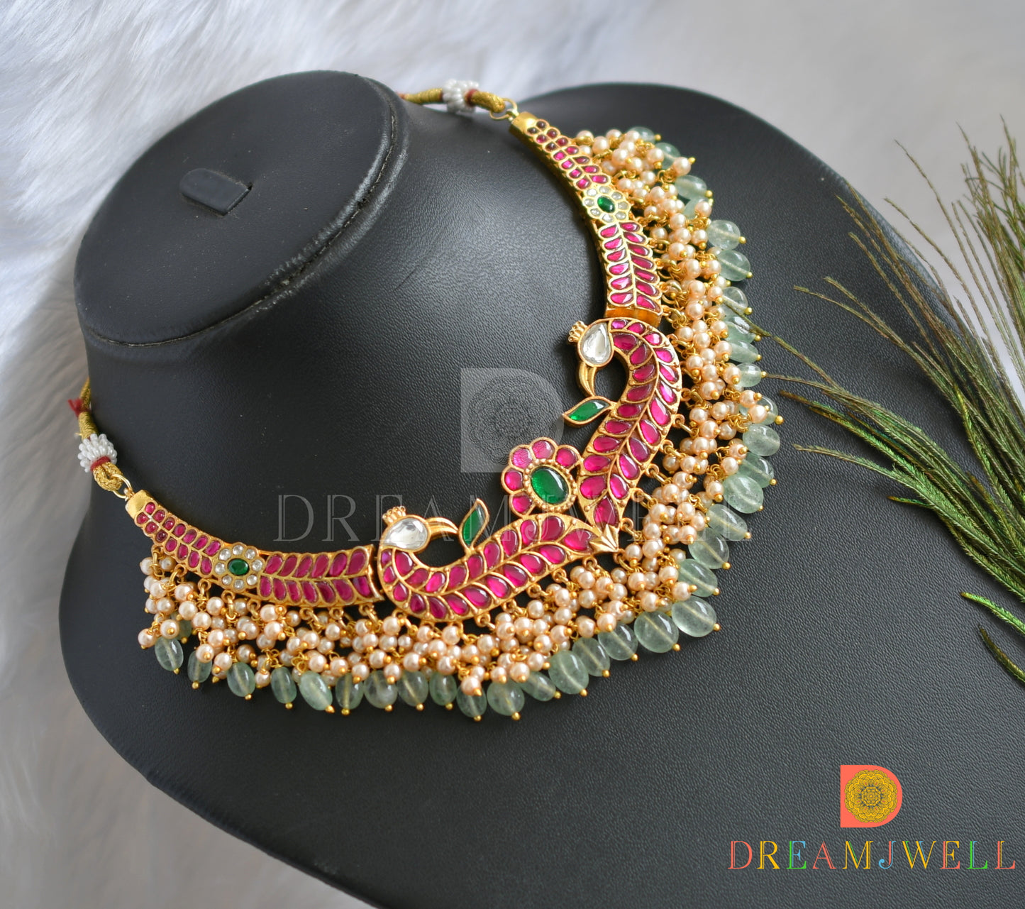 Gold tone pink-green-white kundan jadau peacock necklace dj-38153