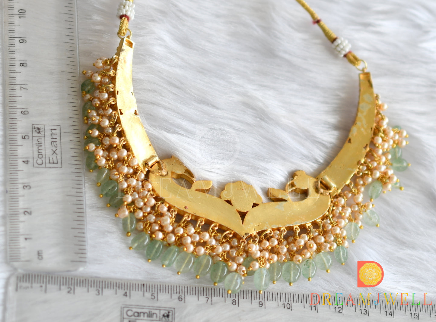 Gold tone pink-green-white kundan jadau peacock necklace dj-38153