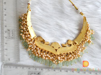 Gold tone pink-green-white kundan jadau peacock necklace dj-38153