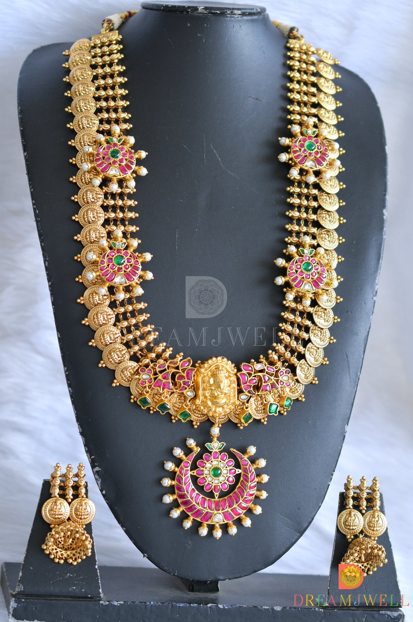 Matte finish pink-green-white kundan jadau moon-Lakshmi coin haar set dj-38175