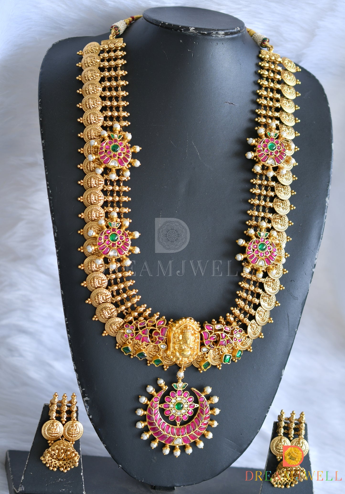 Matte finish pink-green-white kundan jadau moon-Lakshmi coin haar set dj-38175