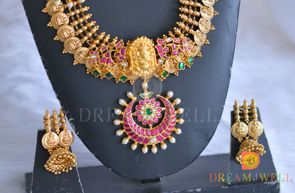 Matte finish pink-green-white kundan jadau moon-Lakshmi coin haar set dj-38175