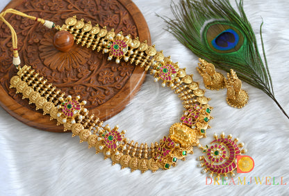 Matte finish pink-green-white kundan jadau moon-Lakshmi coin haar set dj-38175