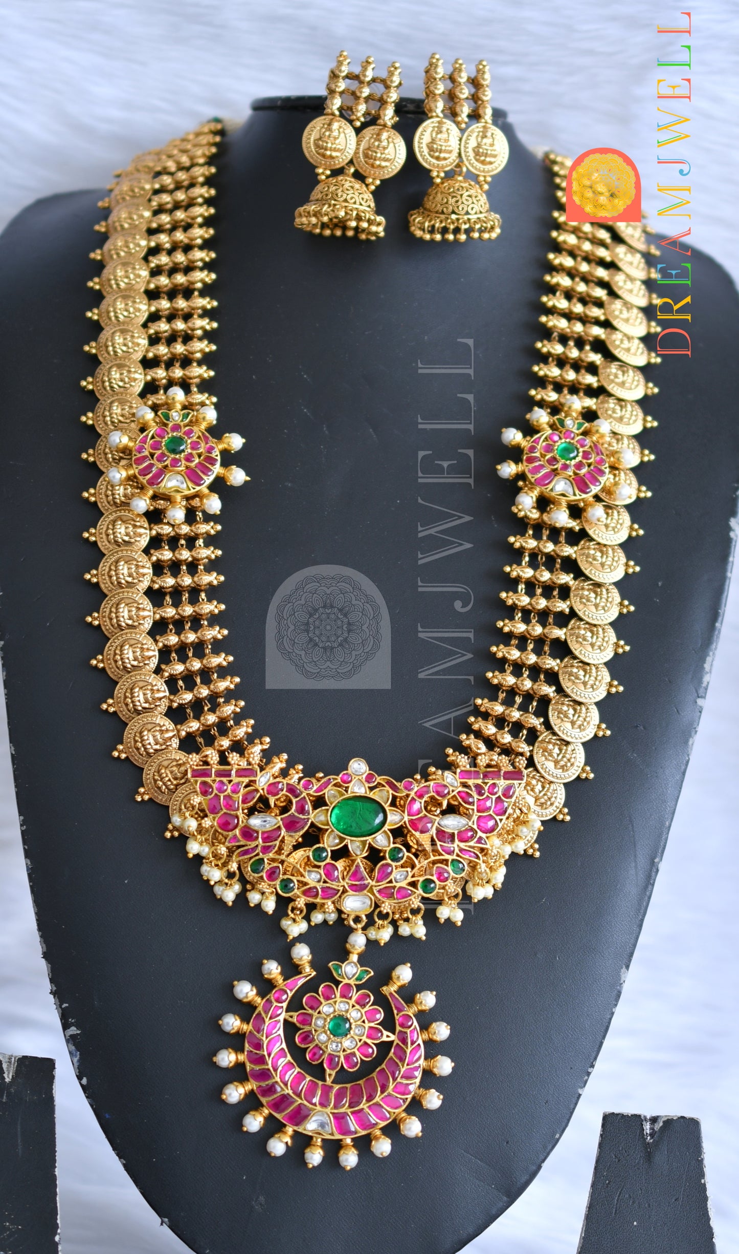 Matte finish pink-green-white kundan jadau Lakshmi coin-Moon haar set dj-38176