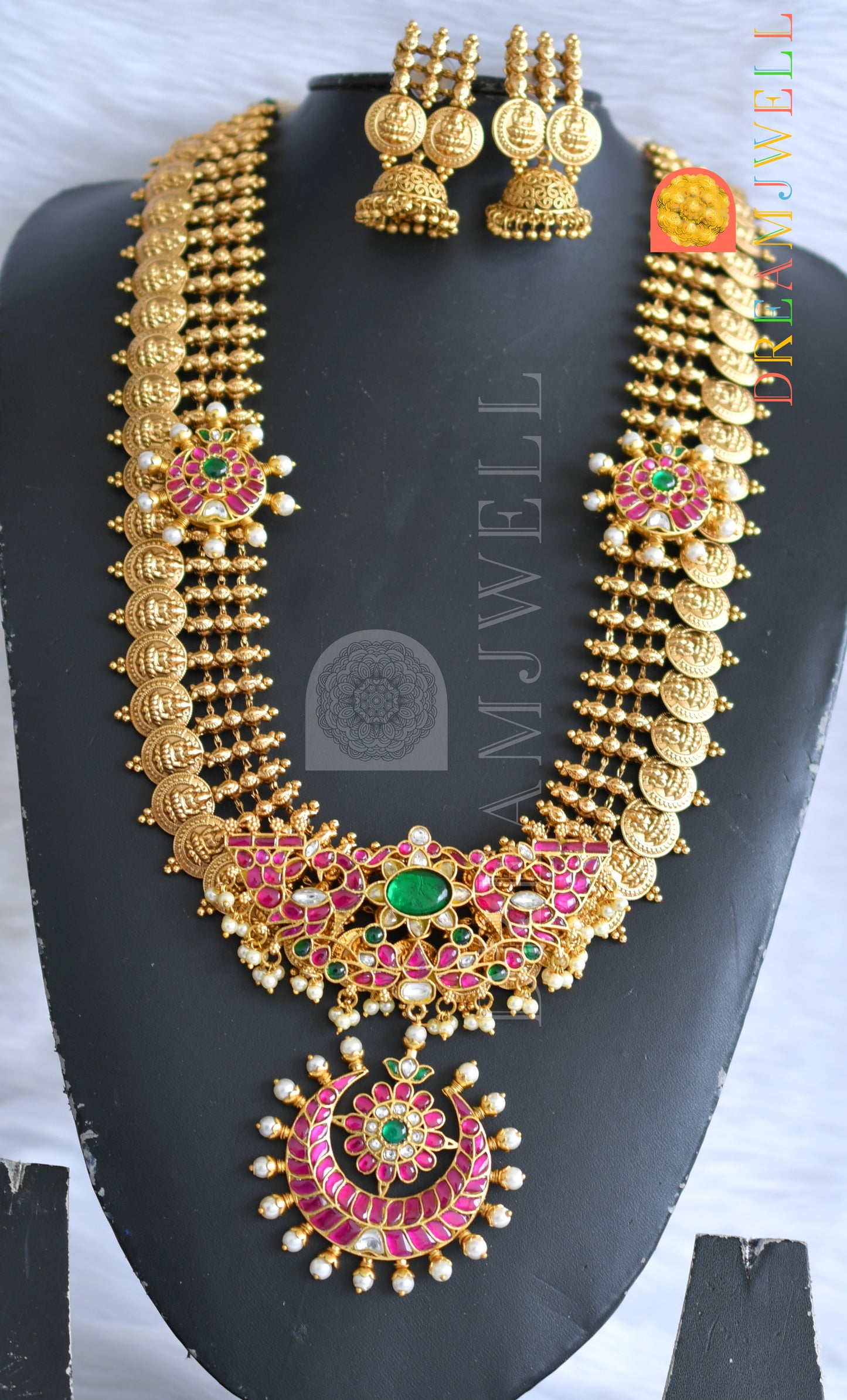 Matte finish pink-green-white kundan jadau Lakshmi coin-Moon haar set dj-38176