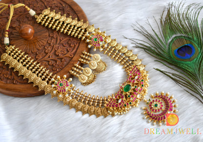 Matte finish pink-green-white kundan jadau Lakshmi coin-Moon haar set dj-38176