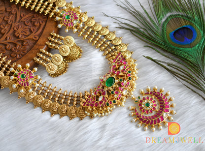 Matte finish pink-green-white kundan jadau Lakshmi coin-Moon haar set dj-38176