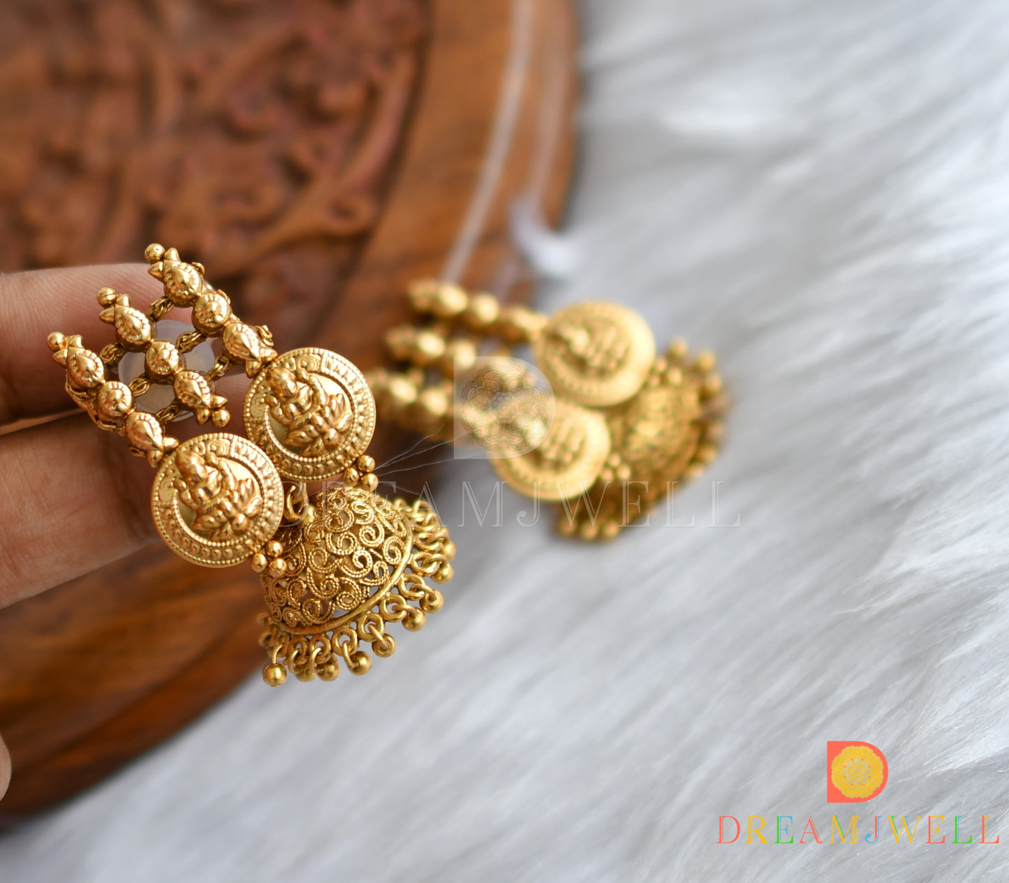 Matte finish pink-green-white kundan jadau Lakshmi coin-Moon haar set dj-38176