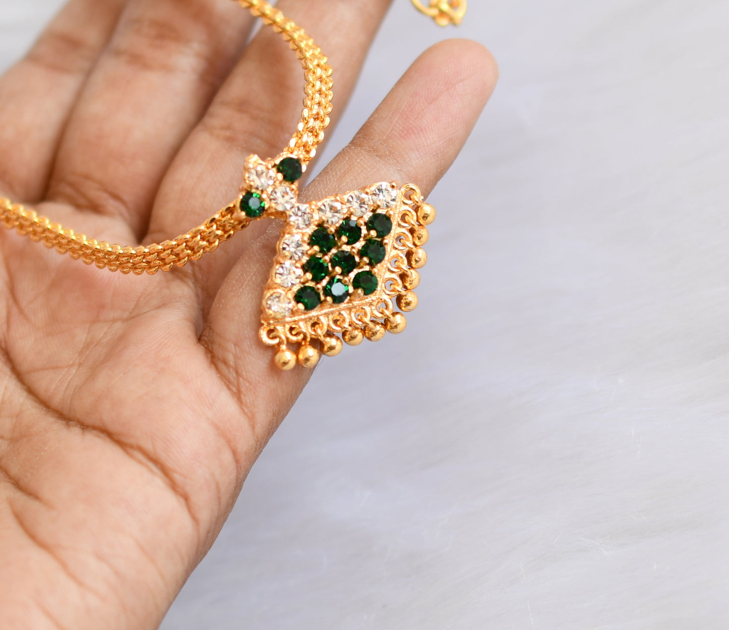 Gold tone green-white stone Kerala style small pathakkam necklace dj-39020