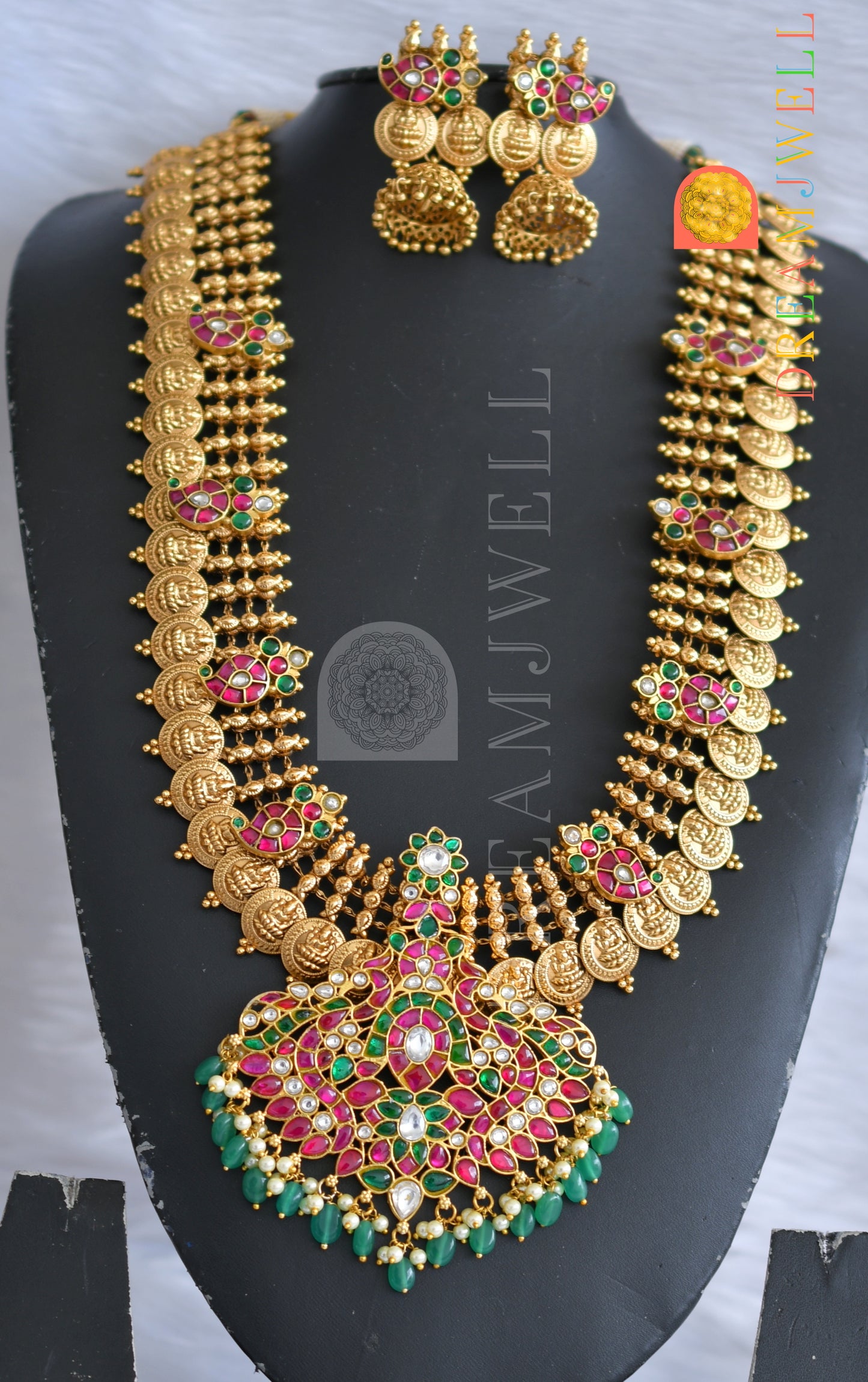 Matte finish pink-green-white kundan jadau mango-Lakshmi coin haar set dj-38177