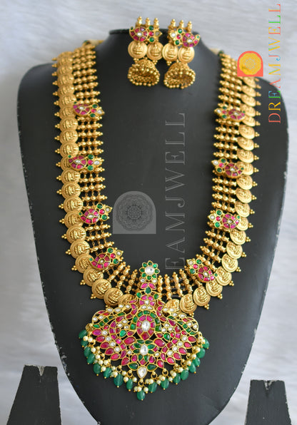 Matte finish pink-green-white kundan jadau mango-Lakshmi coin haar set dj-38177