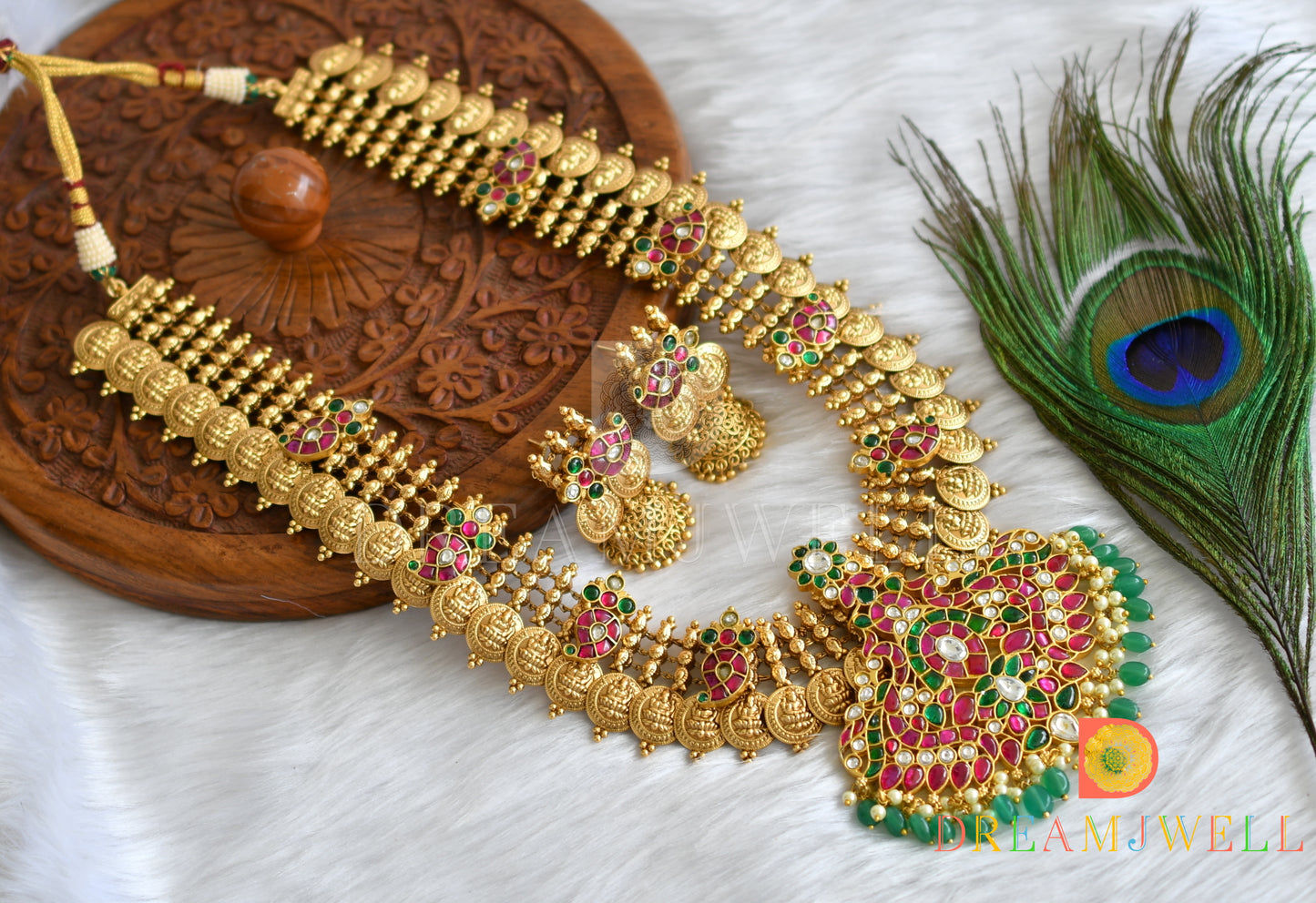 Matte finish pink-green-white kundan jadau mango-Lakshmi coin haar set dj-38177