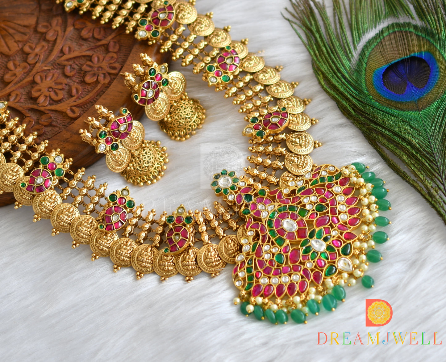 Matte finish pink-green-white kundan jadau mango-Lakshmi coin haar set dj-38177