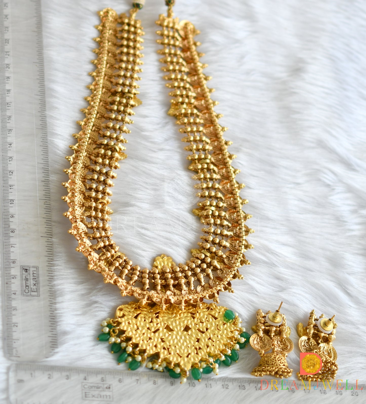 Matte finish pink-green-white kundan jadau mango-Lakshmi coin haar set dj-38177