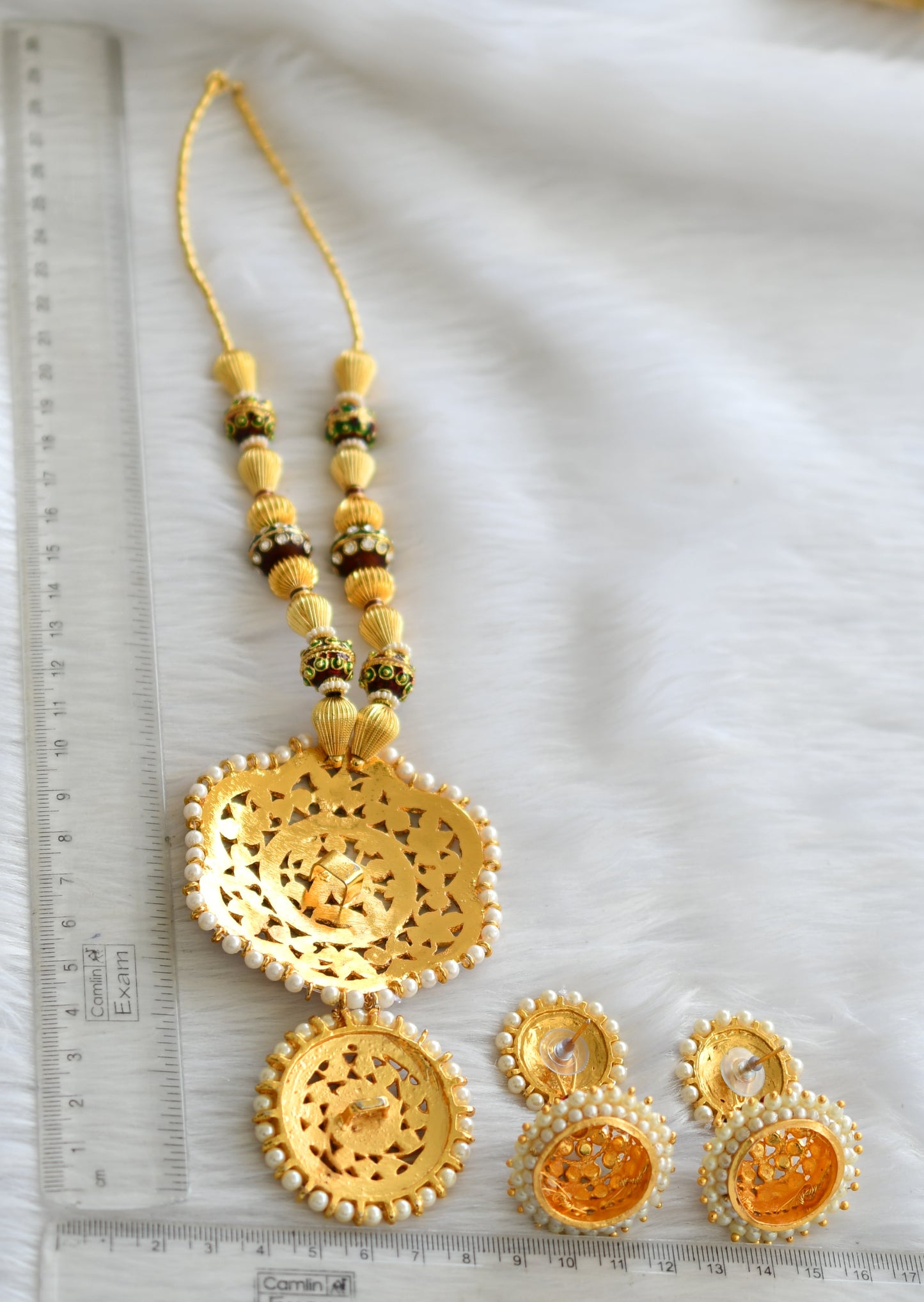 Gold tone Big flower pendant kemp-green hand made temple necklace set dj-02802