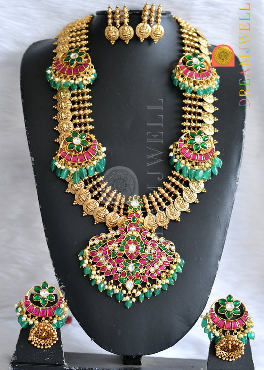 Matte finish pink-green-white kundan jadau Lakshmi coin-flower haar set dj-38174