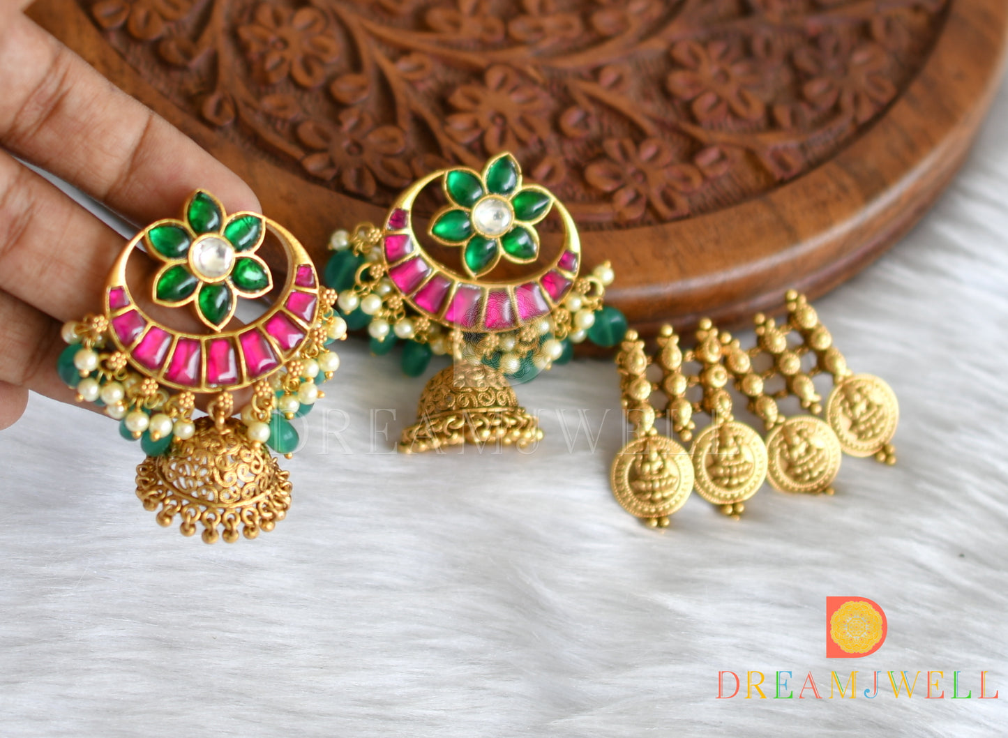 Matte finish pink-green-white kundan jadau Lakshmi coin-flower haar set dj-38174