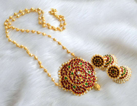 Gold tone big flower pendant kemp-green  temple necklace set dj-02804