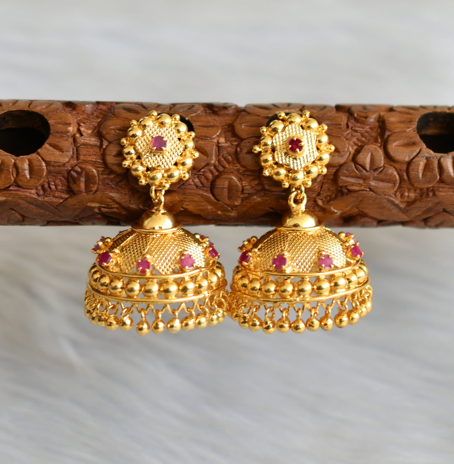 Gold tone Ruby stone Kerala style jhumkka dj-41774