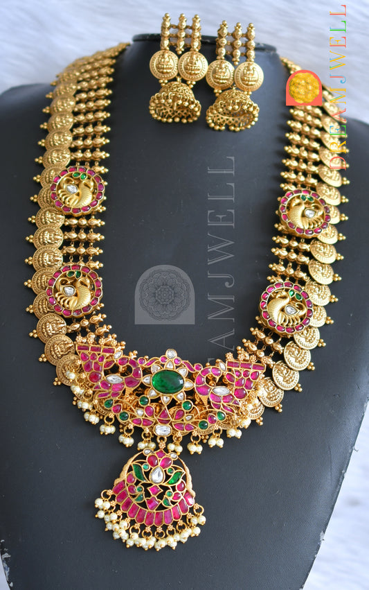 Matte finish pink-green-white kundan jadau Lakshmi coin swan short haar set dj-38178