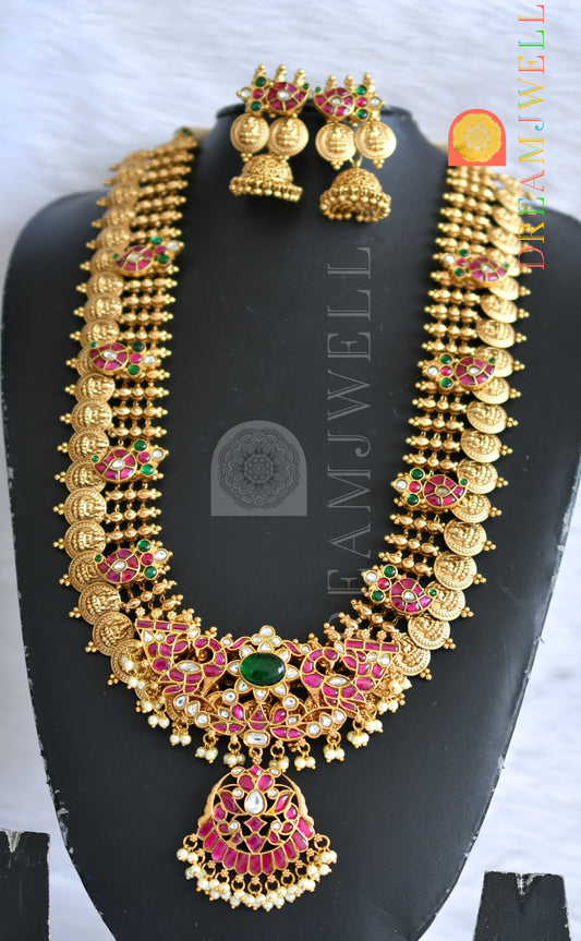 Matte finish pink-green-white kundan jadau Lakshmi coin-mango-peacock haar set dj-38179