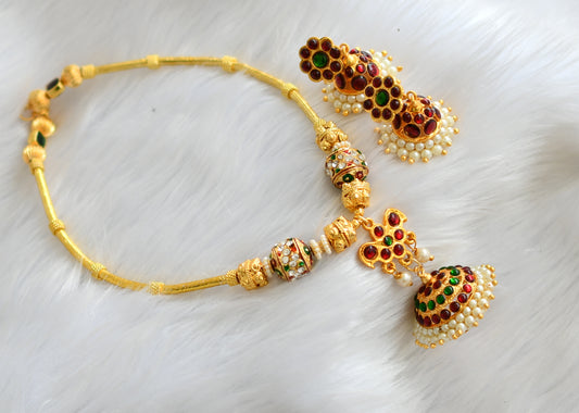 Gold tone kemp-green jhumkka pendant hand made temple necklace set dj-02805