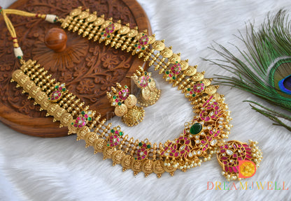 Matte finish pink-green-white kundan jadau Lakshmi coin-mango-peacock haar set dj-38179