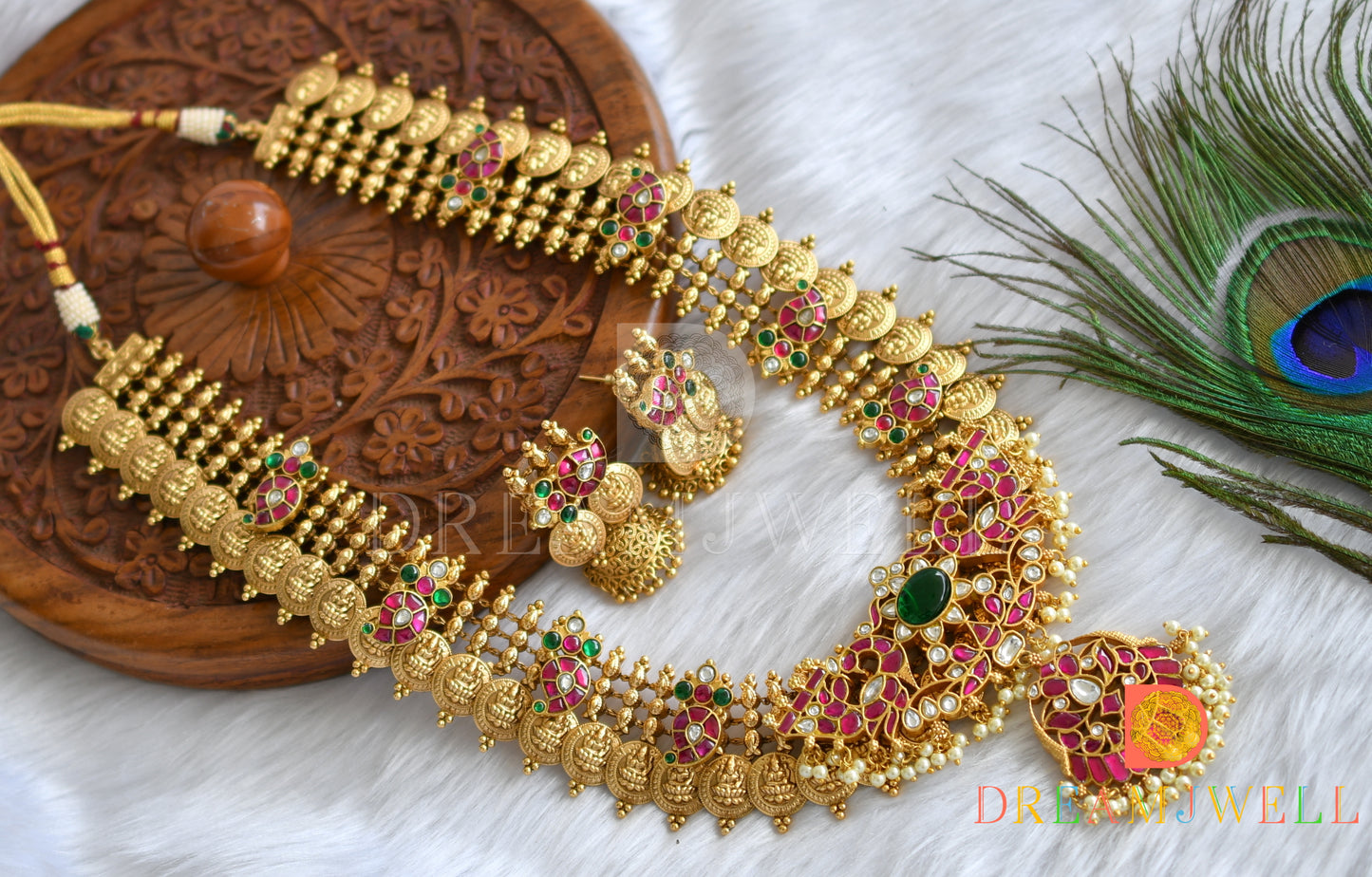 Matte finish pink-green-white kundan jadau Lakshmi coin-mango-peacock haar set dj-38179