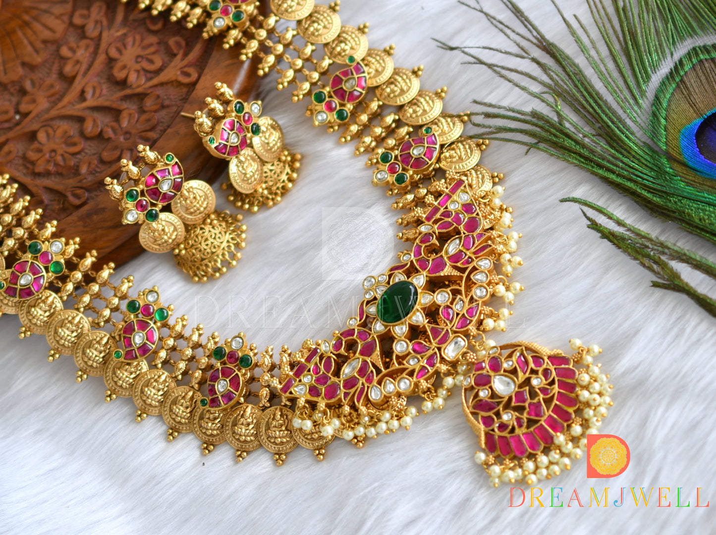 Matte finish pink-green-white kundan jadau Lakshmi coin-mango-peacock haar set dj-38179