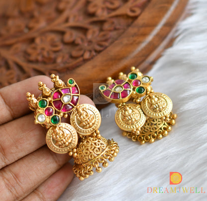 Matte finish pink-green-white kundan jadau Lakshmi coin-mango-peacock haar set dj-38179